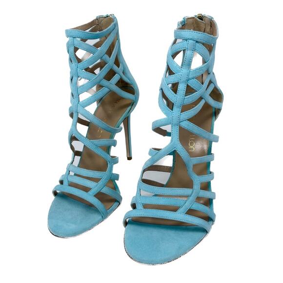 Tamara Mellon aqua/turquoise suede cage strap stiletto sandals size 37.5 US7-7.5 - Picture 2 of 14